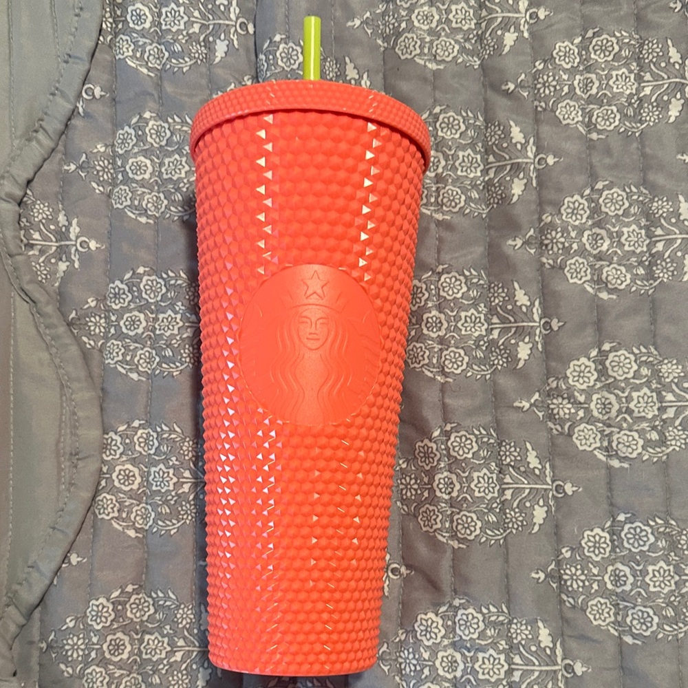 Starbucks Bold orange ish  Tumbler with neon yellow  Straw